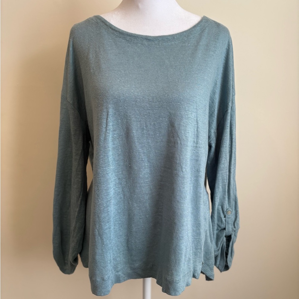 Large Sage Green Adrienne Vittadini Boatneck Linen Roll Tab Sleeve Top - Picture 10 of 11